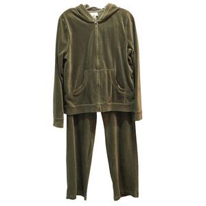VTG Jones Sport Womens Green Velour Velvet Tracksuit Set Hoodie Size L Pants M